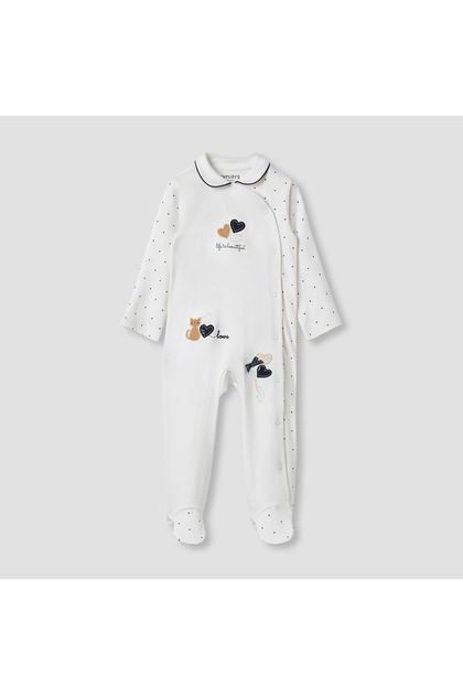 Heart Print Sleepsuit with Long Sleeves and Button Closure