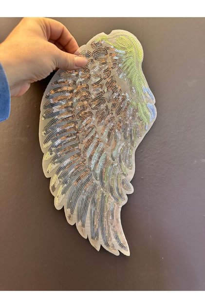 Iron-On Silver Sequin Single Wing Emblem 39X19 cm