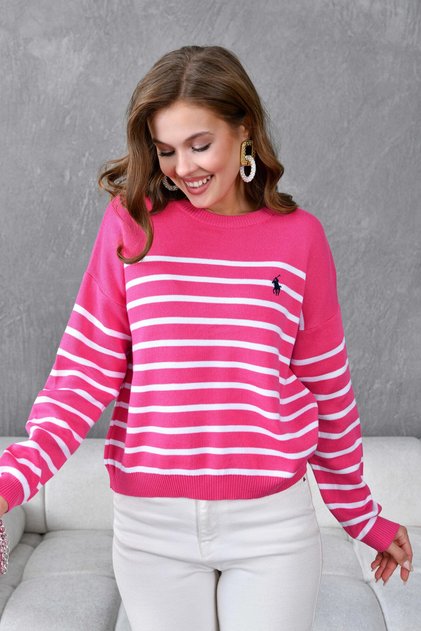 Women's Crew Neck Embroidered Striped Knit Sweater 10272.Ctn