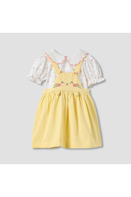 Cat Embroidered Pinafore and Collared Top Set