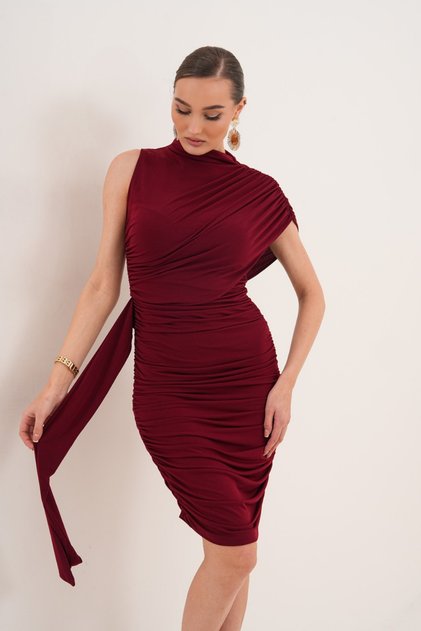Rochie mulată pentru femei, cu guler înalt, cu șnur și șireturi, de culoare burgundy
