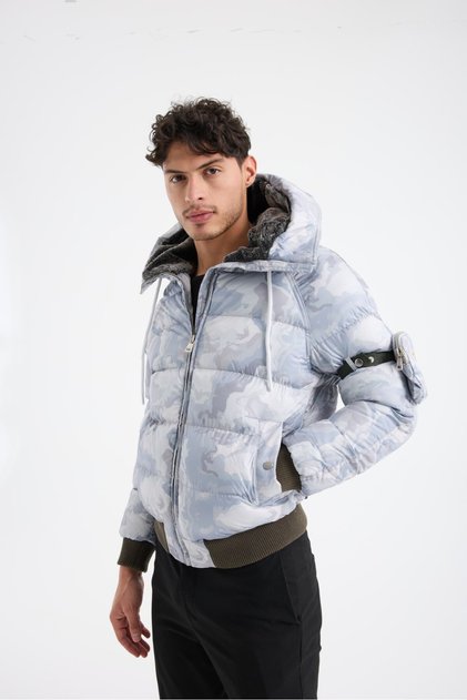 Chmps? ! Parisse Men's Hooded Padded Inflatable Coat Camouflage Pattern Coat with Arm Wallet Pockets 9784