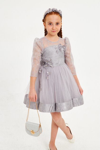 4-8 Years Old Special Design Lace and Stone Detail Bag Included Girls' Evening Dress Ball Gown 7018