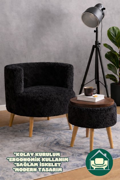 DH Gabrielles Çay Seti Berjer Ve Üstü Tablalı Puf Takımı (SALON, OFİS, BALKON) - 2'li Takım