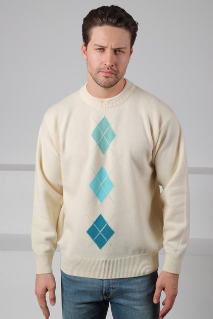 Ecru/Turquoise Crew Neck Turquoise Mint Green Patterned 100% Lamb Wool Men's Knitwear Sweater