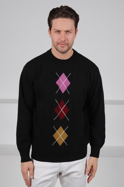 Black/Lilac Crew Neck Lilac Burgundy Patterned 100% Lamb Wool Men's Knitwear Sweater