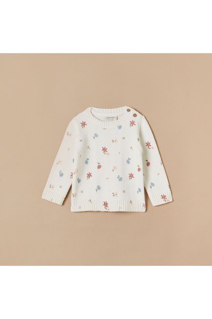All-Over Floral Print Sweater with Crew Neck and Long Sleeves