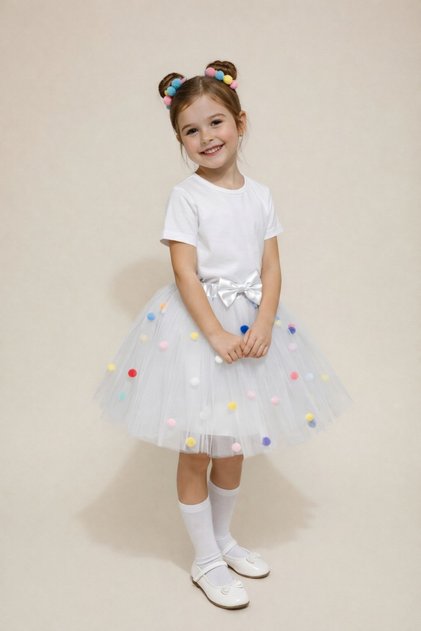 Girl's Colorful Pompom Tulle Lined Dream Tulle Tutu Skirt Cf-25037