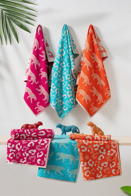 6'lı %100 Pamuk El/ Yüz Havlusu Seti - 50x70 cm – Leopar Desenli Renkli
