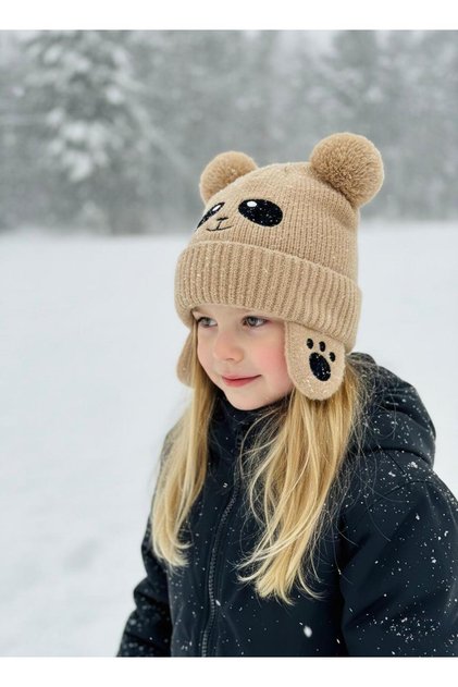 Unisex Children's Premium Snow Beanie with Fleece Inside and Ear Protection - Panda