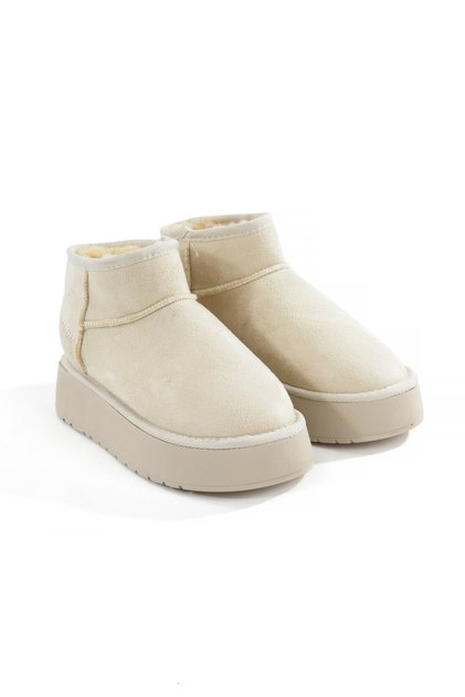 Shoes Faux Fur Inside Detailed Faux Leather Beige Color Suede Thick Sole Comfortable Stylish Short Women's Boots