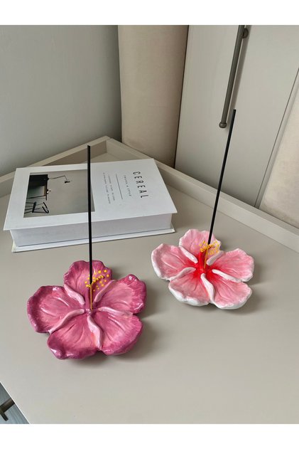 İkili Pembe ve Bordo Dekoratif Çiçek Hibiskus Tütsülük & Takı Tabağı
