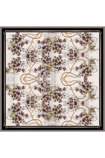 Black Floral Patterned 90X90 Silk Twill Scarf