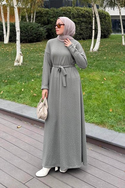 Stone Detailed Hijab Dress Khaki