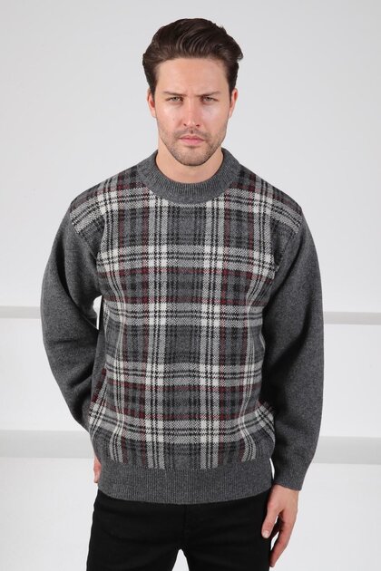Smoked Crew Neck Striped Front Lamb Wool Blend Men's Knitwear Sweater