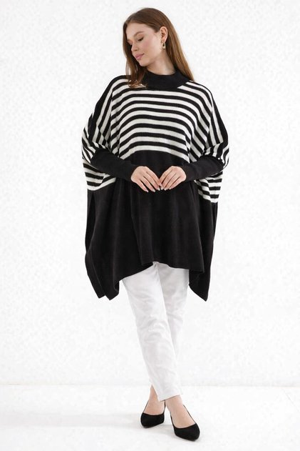 Women's Slit Black Poncho Sweater Dp0001
