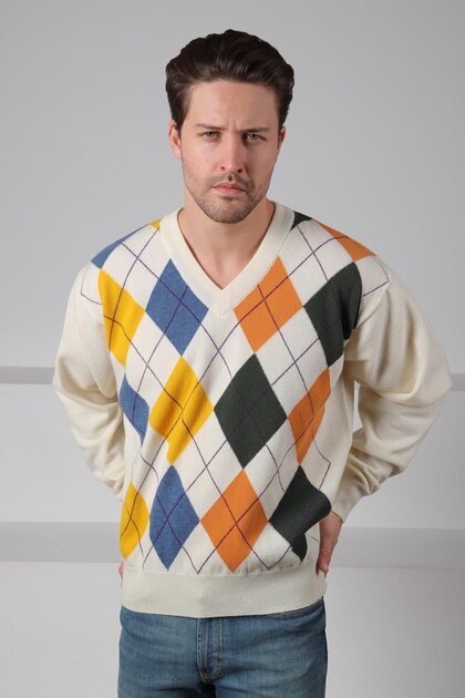 Ecru/Indigo V-Neck Colorful Diamond Pattern 100% Lamb Wool Men's Knitwear Sweater