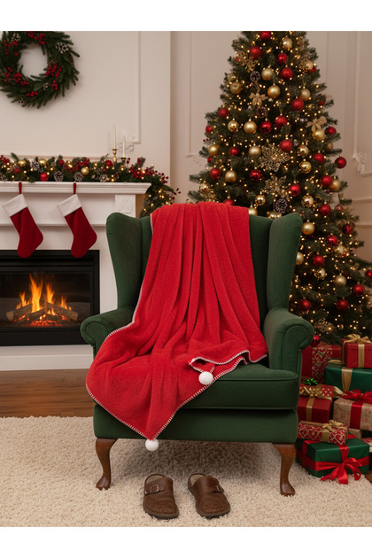 Christmas Themed Shepherd Stitched Snowflake Pompom Detailed Red Wellsoft Blanket