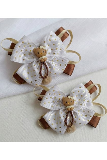 Girl's Buckle with Teddy Bear Detail, Gold Polka Dot, Pompom, Stylish Bow Buckle