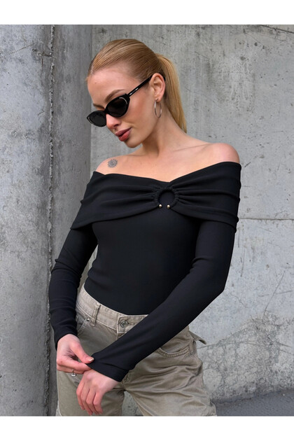 Women's Madonna Collar Ring Detail Black Blouse