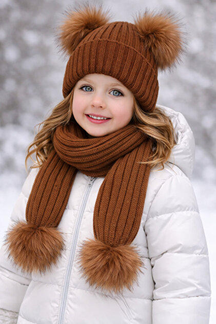 Taba Double Pompon Knitwear Scarf Beanie Set