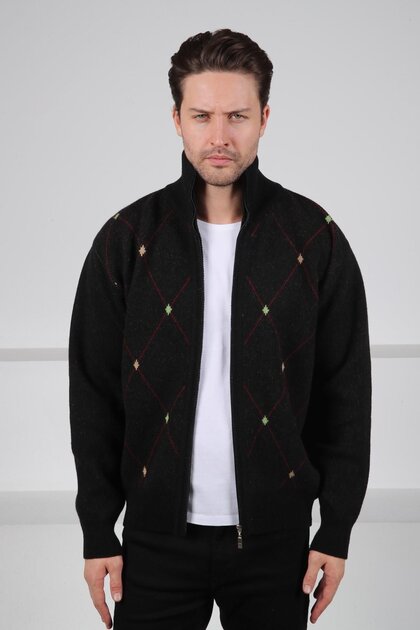 Black Zippered Geometric Argyle Patterned 100% Lamb Wool Men's Knitwear Cardigan