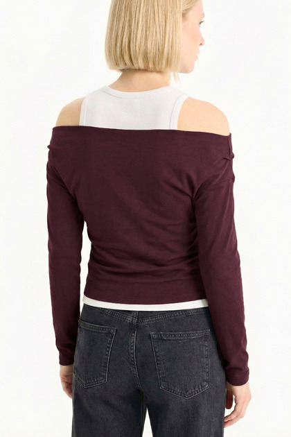 Slim Fit Dar Kesim Tek Omuzlu Çift Katmanlı Ribana Pamuk Uzun Kollu Tişört - Bordo 3