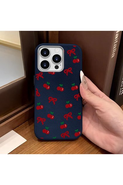 iPhone 16 Pro Compatible Phone Case Leather Texture Anti Fall Soft Silicone Cherry