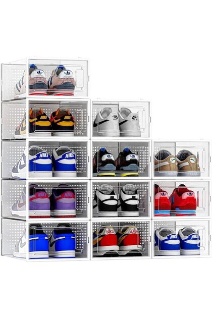 12 Pack Shoes Storage Box Clear Plastic Storage Boxes with Hinged Lids