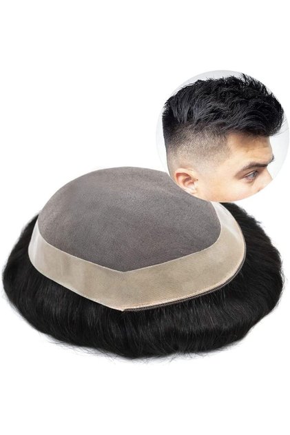 Men's Real Human Hair Toupee, Fine Mono NPU System, Natural Black Hairpiece