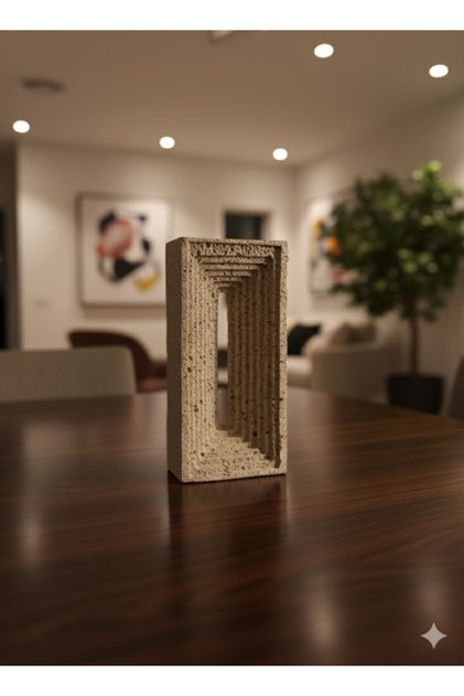 A masterpiece of art with a three-dimensional geometric design in beige.
