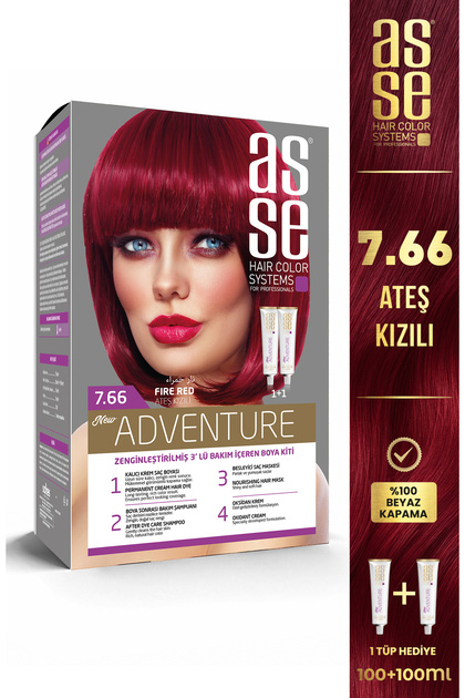 Adventure Set Saç Boyası, Kalıcı ve Canlı Renkler, 1+1 ikili Kullanım Seti (NO:7.66 ATEŞ KIZILI)