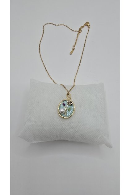 Stainless Steel Gold Color Vintage Rose Detail Blue Enamel Pearl Stone Necklace