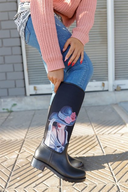 Woman in a Hat Printed Waterproof Women's Rain Boots