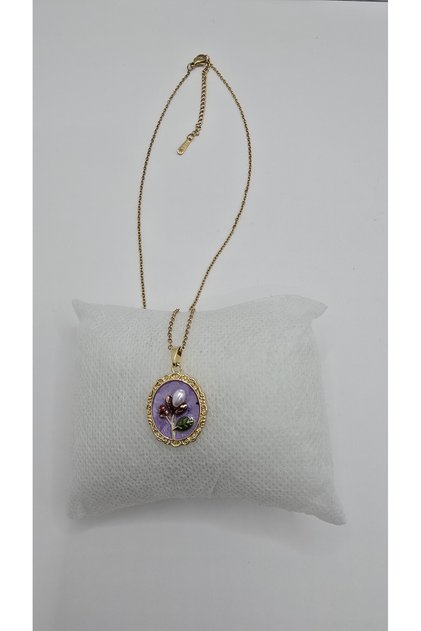 Stainless Steel Gold Color Vintage Leaf Themed Purple Enamel Pearl Stone Necklace