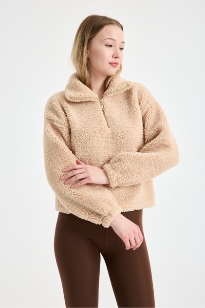 Women's Mock Neck Plush Fleece Rubber Detailed Winter Coat
