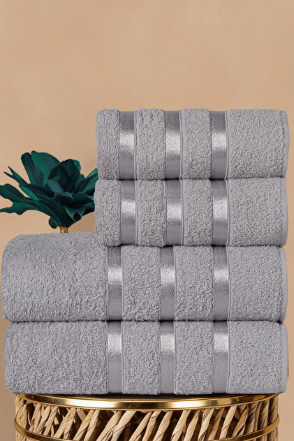 4-Piece 100% Cotton Satin Ribbon Detailed Towel Set - 2 Pieces 70x140, 2 Pieces 50x90 - Ultra Soft, Premium