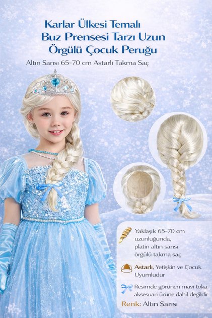 Platin Altın Sarısı Örgülü Elsa Çocuk Peruğu – Karlar Ülkesi Kostüm Parti Takma Saç 65–70 cm Astarlı