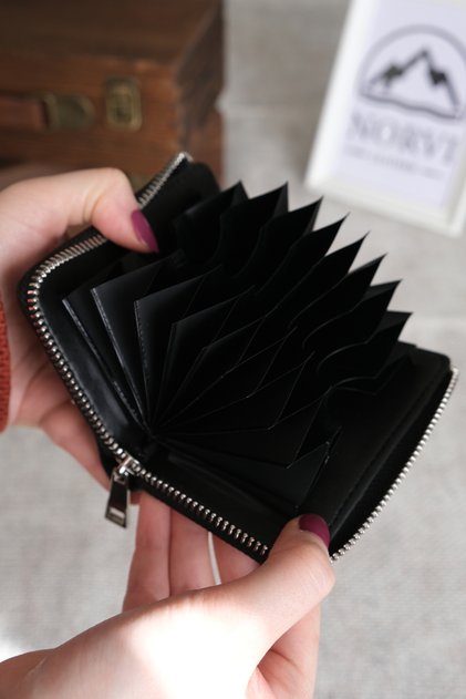 Half Zippered Accordion Compartment Small Leather Card Holder Black 1266