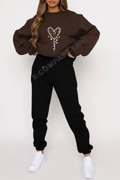 Cotton Minimal Heart Leopard Printed Zero Necklace Sweatshirt Set