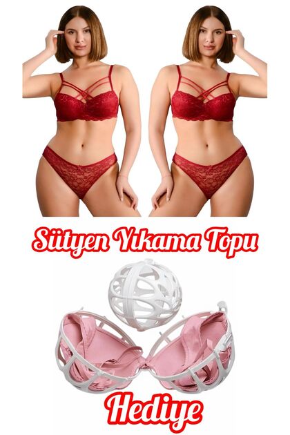Dantelli Çapraz İpli Push Up ( Destekli ) Sütyen Külot Takım EBR8061 ( Sütyen Yıkama Topu HEDİYELİ )