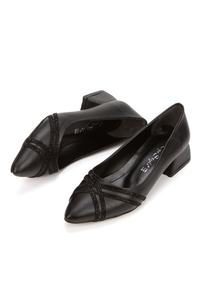Stone Detailed Short Thick Heeled Comfortable Daily Evening Dress Shoes