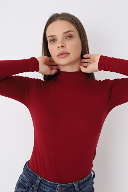 Kadın Bordo Uzun Kol Balıkçı Yaka Body