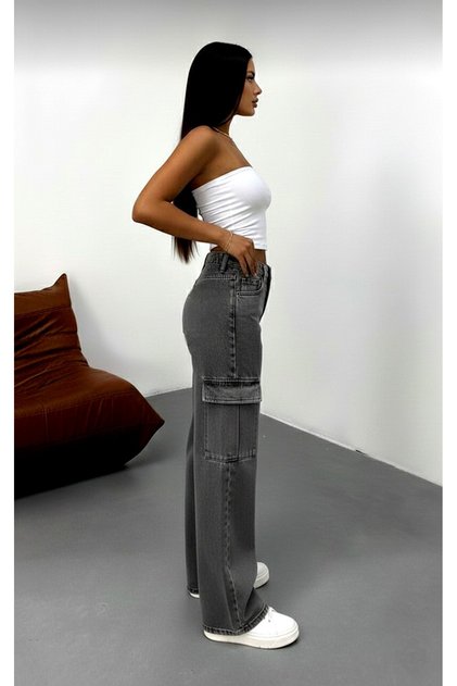 Cery 90`S Stretch Fabric Casual Cargo No Back Pocket Smoked Snow Super High Waist Loose Leg Denim Jeans