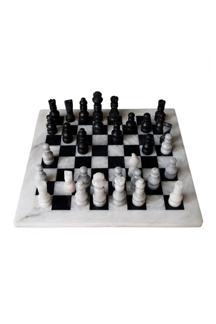 12 Inch (30X30 cm) Black Onyx Natural Stone Chess Set with White Frame | Handmade