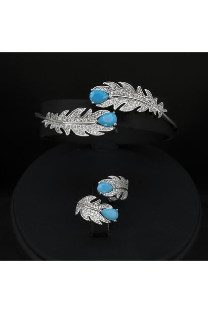 Bracelet and ring set with diamond and zircon stones, mixed silver and navy blue color, special and unique edition