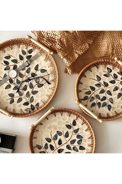 Handmade Round Rattan Serving Tray Set of 3 with Wood Handles & Mother of Pearl Inlay