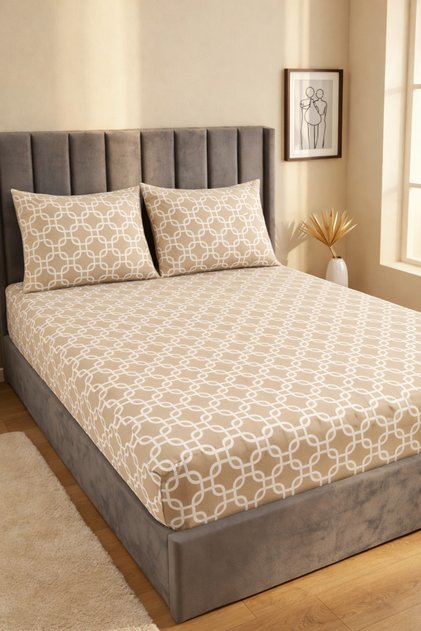 King Size Double Cotton | Elastic | Sheet Set | Beige Chain