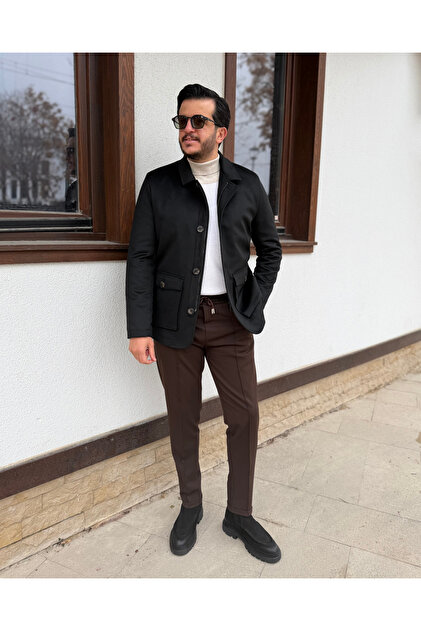 Erkek Fermuarlı & Düğmeli Siyah Kaşe Mont