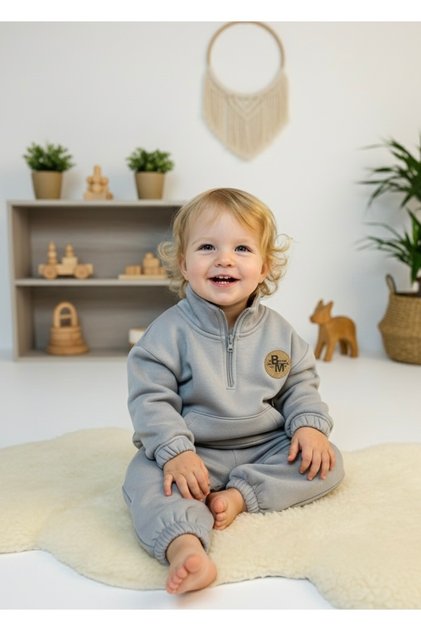 Baby Boy Tracksuit Set with Front Pocket, Gray Color